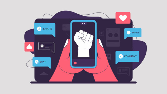 activist's hands holding smartphone with raised fist on screen, vector illustration for digital activism, online protest and social media advocacy