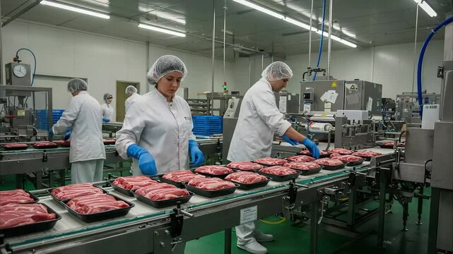 Workers in a meat processing facility carefully packaging fresh cuts of meat in a sterile environment, showcasing industrial efficiency and food safety