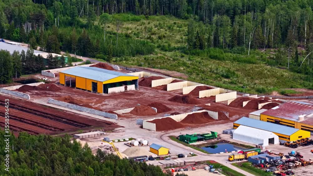Poster peat processing factory with large piles of raw material and storage sections in forested area