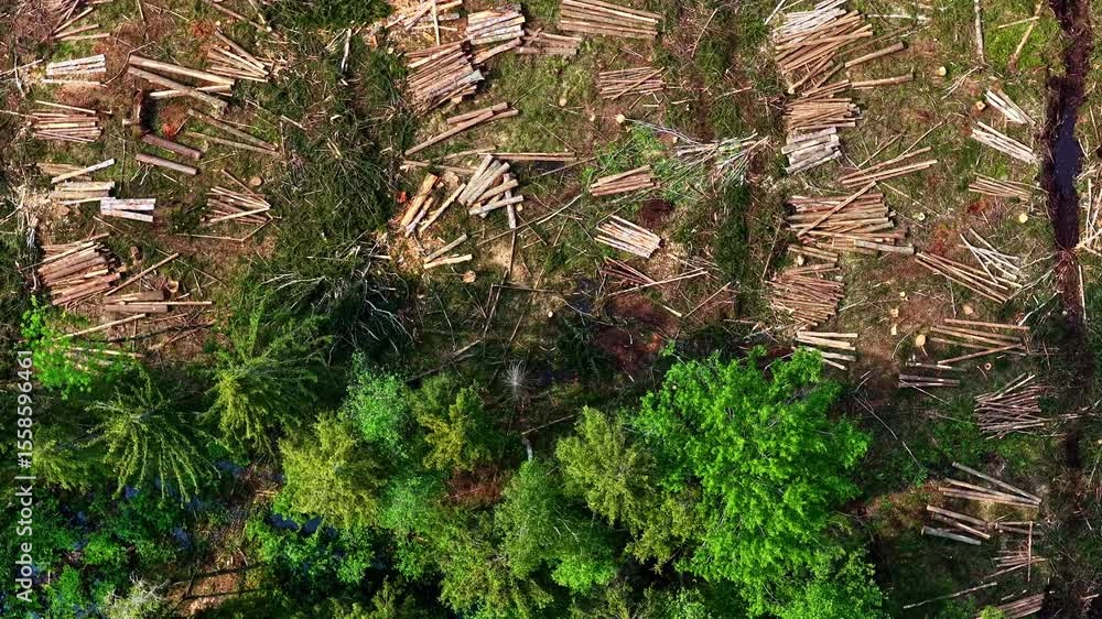 Poster felled tree trunks and scattered branches in forest clearing with visible soil and greenery