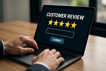 Customer Review and Rating Submission on Laptop Screen