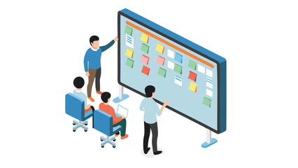 Illustration of a business meeting with a presentation board and people in an office environment setting