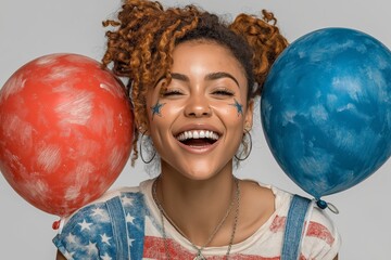 Happy Independence Day. July 4th. African woman smiling with balloons in patriotic colors