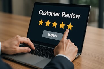 Customer Review and Rating Submission on Laptop Screen