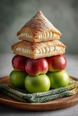 Fresh apples arranged in a creative way with puff pastry desserts stacked on top, highlighting dessert and fruit combination in a rustic setting