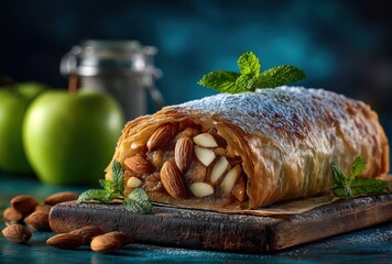 Fresh homemade apple strudel with nuts and mint leaves beautifully arranged on a wooden board with a blue backdrop and green apples nearby