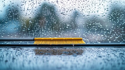 A minimalist composition showing a skyscraper's glass facade with water streaks and a cleaning squeegee in motion, emphasizing the act of window washing
