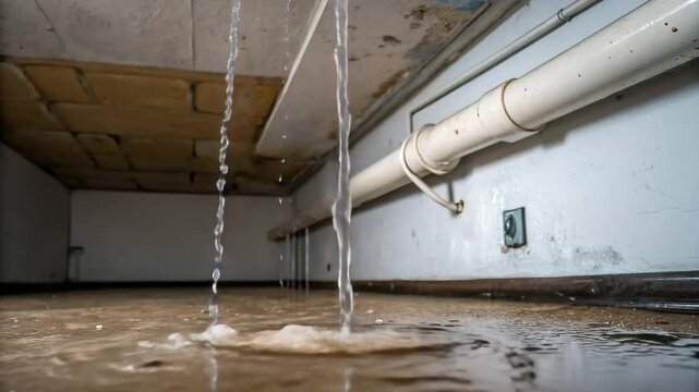 Water leaking from ceiling onto flooded floor in abandoned building  
