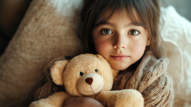 Heartwarming social media tribute for World Orphans Day featuring a young girl holding a teddy bear in a cozy setting - Powered by Adobe
