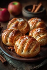 Freshly Baked Apple Cinnamon Rolls on Wooden Platter Surrounded by Apples, Cinnamon Sticks, and Spices in Cozy Kitchen Setting