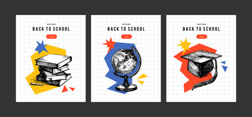 Back to school sketch collage banners. Education poster templates with hand drawn accessories. Diploma design. Vector illustration