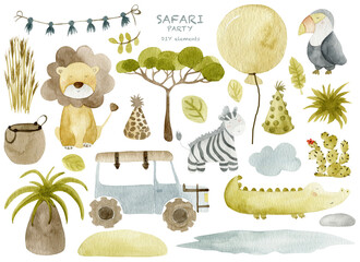 Watercolor Safari Jungle Party DIY Clipart Pack with Lion, Zebra, Toucan, Crocodile, Jeep & Tropical Elements. Supplied as high-resolution PNGs with transparent backgrounds for easy use in invitations © SophieMyWatercolor