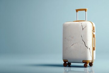 damage suitcase on wheels on blue background, copy space