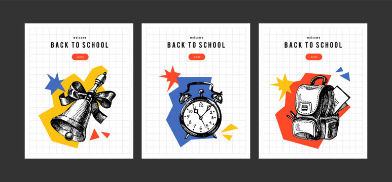 Back to school sketch banner set. School poster templates with hand drawn accessories. Diploma design. Vector illustration