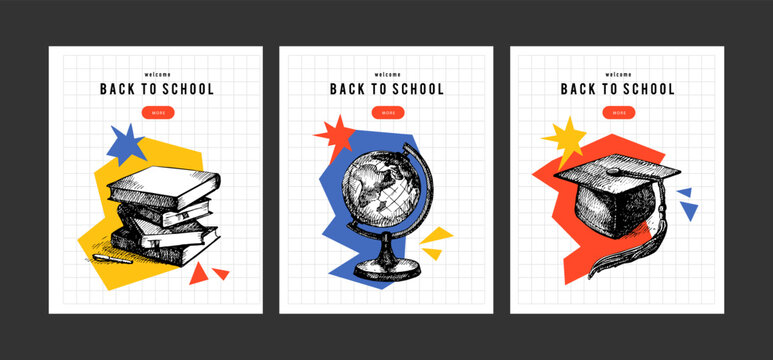 Back to school sketch collage banners. Education poster templates with hand drawn accessories. Diploma design. Vector illustration