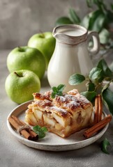 Freshly Baked Apple Dessert with Green Apples, Creamy Milk, and Cinnamon Sticks on a Rustic Table Setting Surrounded by Natural Elements