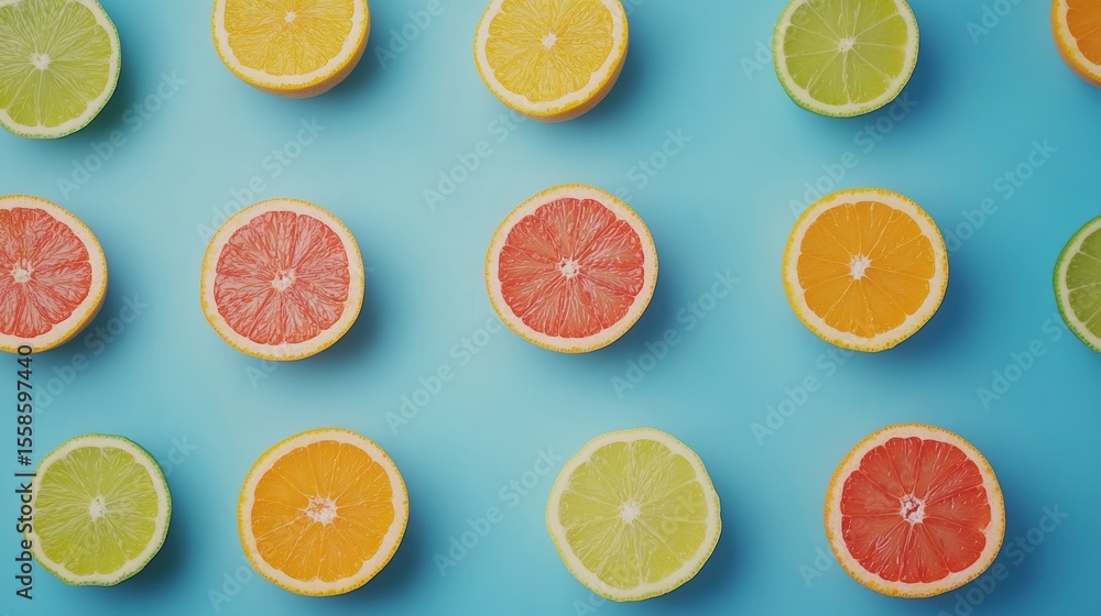 Poster flat lay of sliced oranges, grapefruits, and limes arranged on a blue background.