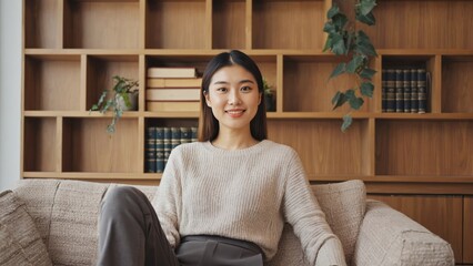 Obraz premium Young woman sitting on couch with a warm smile, in professional attire. She is surrounded by books, indicating her intellectual pursuits or office environment.