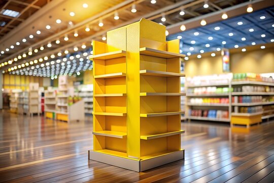 A bright yellow retail display shelf stands in a modern supermarket aisle
