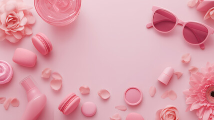 Pink Beauty Essentials Flat Lay with Macarons and Flowers