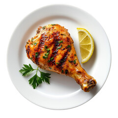 Grilled Chicken Leg Quarter with Parsley and Lemon Wedge on White Plate isolated on a transparent background