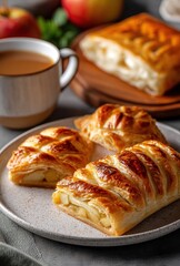 Freshly Baked Apple Pastries with a Golden, Flaky Crust Served with a Warm Cup of Coffee on a Cozy Table Setting