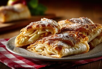Freshly Baked Apple Pastries with Flaky Crust and Powdered Sugar on Rustic Wooden Table Setting