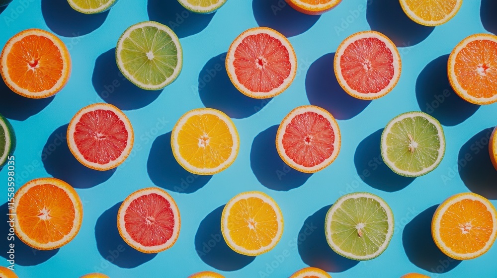 Poster colorful citrus fruit halves arranged in a repeating pattern on a blue background.