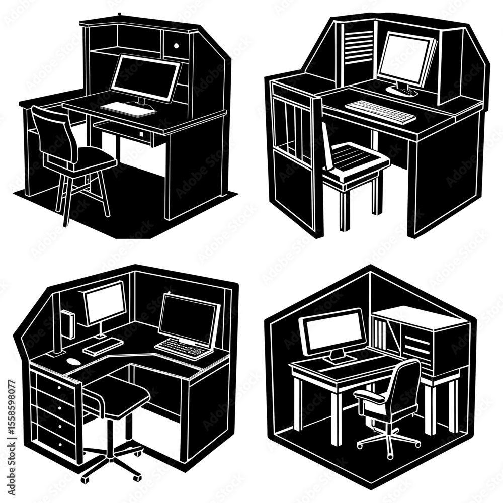 Poster four black and white illustrations of computer desks with chairs and various configurations shown in
