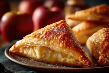 Freshly Baked Apple Pastry Displayed on a Rustic Plate Surrounded by Juicy Red Apples and Warm Kitchen Atmosphere