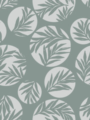Seamless green and grey floral background with leaves. Hand drawn minimal abstract organic shapes pattern. Vector green abstact pattern with grey leaves