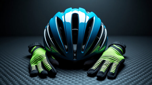 Cycling Helmet and Gloves on Dark Background