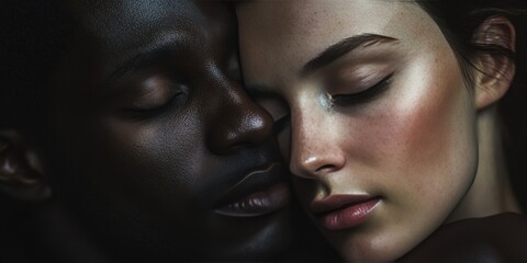 A man and woman from different ethnic backgrounds sleeping close, their faces relaxed in rest.