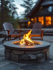An outdoor stone fireplace with a fire going, surrounded by a cozy wooden seating area under the stars.