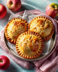 Freshly Baked Apple Pies on a Round Plate Surrounded by Red Apples and Soft Pink Cloth in Bright Natural Light