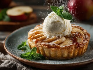 Freshly Baked Apple Pie with Ice Cream and Mint Garnish Set on a Rustic Wooden Table with a Background of Sliced Apples and Greenery
