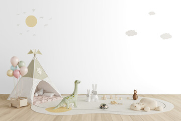 Playroom Interior PNG with Shadow - Tent, Plush Dinosaur, Bunnies and Balloons on Wooden Floor for...