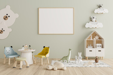 Horizontal Poster Frame Mockup in Modern Kids Playroom with Chairs, Toys, and Soft Pastel Green Wall