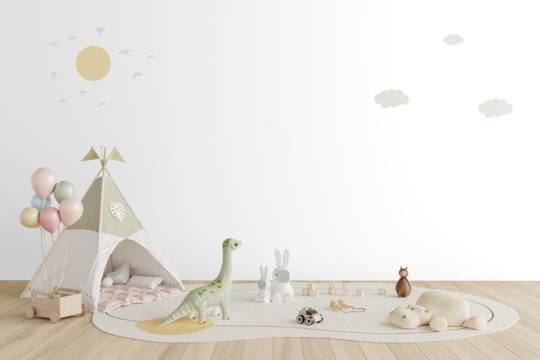 Playroom Interior PNG with Shadow - Tent, Plush Dinosaur, Bunnies and Balloons on Wooden Floor for Digital Mockup – Transparent Wall Mockup with Realistic Shadows – 3D render