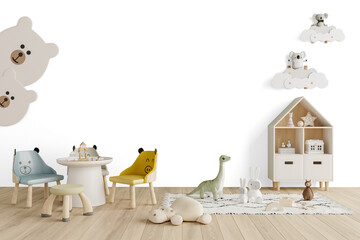 Colorful Kids Playroom PNG with Shadow - Animal Chairs, Rug and Bookshelf for Digital Room Design Mockup – Transparent Wall Mockup with Realistic Shadows – 3D render