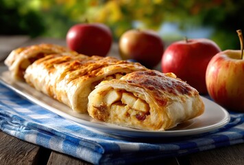 Freshly Baked Apple Strudel on a Plate Surrounded by Juicy Red Apples with Outdoor Autumn Backdrop and Checkered Tablecloth