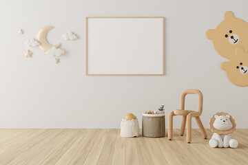 Horizontal Poster Frame Mockup on Green Wall in Cozy Kids Room with Armchair, Bear Toy and Cloud Wall Decals