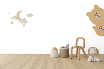 Kids Room PNG with Shadow - Moon and Stars Wall Decor, Storage Baskets, Plush Lion and Neutral Wood Flooring – Transparent Wall Mockup with Realistic Shadows – 3D render