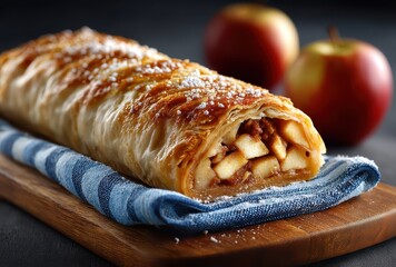 Freshly Baked Apple Strudel on a Wooden Board with Dusting of Powdered Sugar and Red Apples in Background