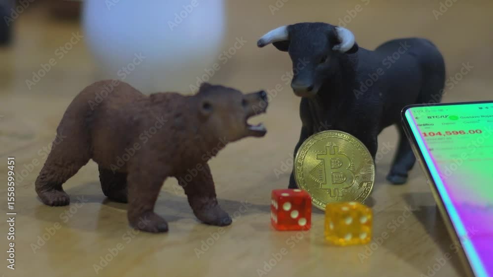 Poster dynamic representation of financial trends features bull and bear figures alongside a bitcoin coin a