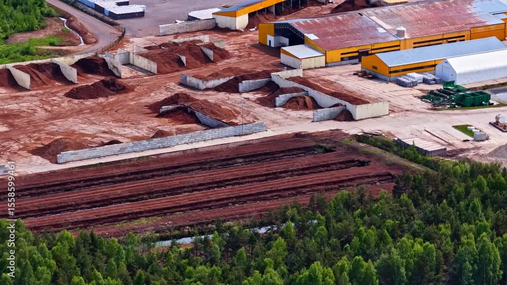 Poster peat factory yard with large open peat piles, processing structures and storage areas