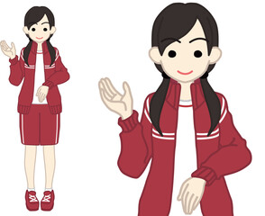 右手をあげて案内する体操服の女子高生カラー