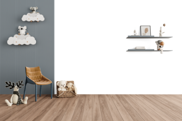 Neutral Kids Reading Nook PNG with Shadow - Chair, Stuffed Toys and Floating Shelves for Minimalist Interior Mockup – Transparent Wall Mockup with Realistic Shadows – 3D render