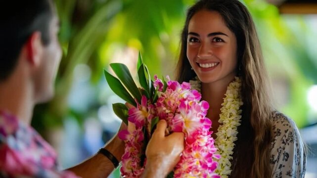 Experience the joy of a cultural greeting. A floral lei symbolizes warmth and hospitality. The footage highlights connection and tradition in a vibrant atmosphere. Generative AI