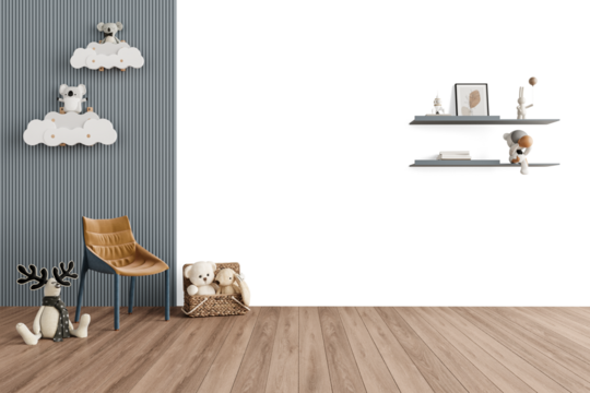Neutral Kids Reading Nook PNG with Shadow - Chair, Stuffed Toys and Floating Shelves for Minimalist Interior Mockup – Transparent Wall Mockup with Realistic Shadows – 3D render